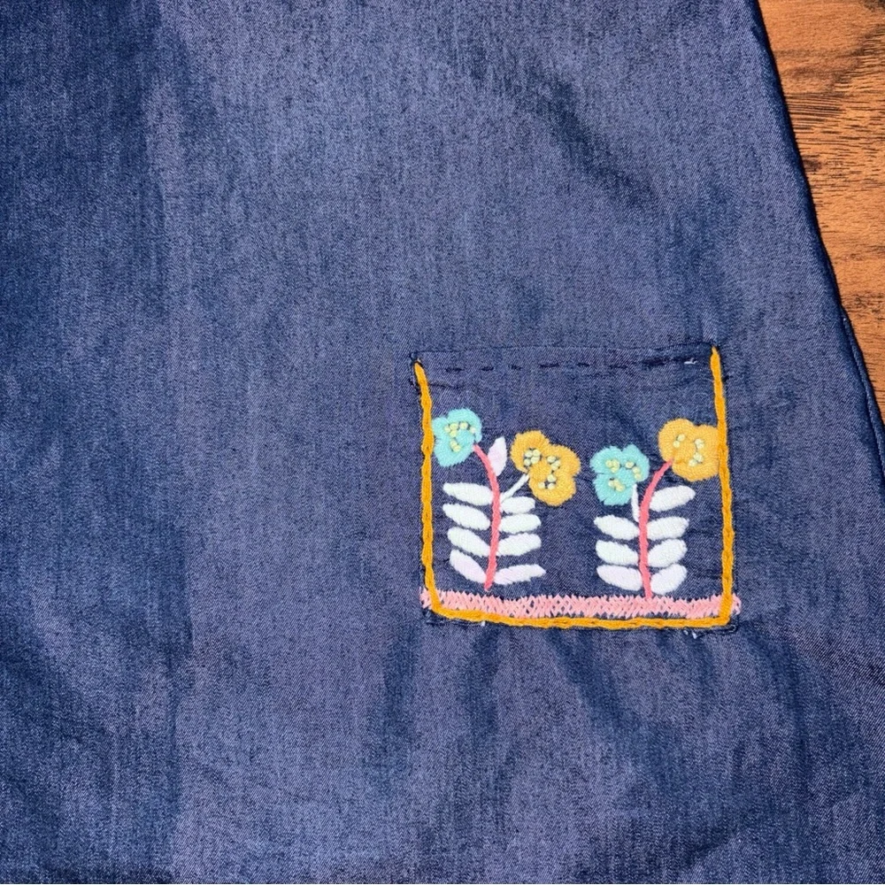 Girls' Dark Blue Denim Embroidered Sleeveless Dress